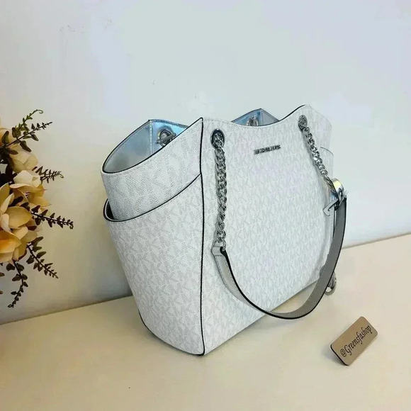 Michael Kors Purse jet set travel large chain tote shoulder bag silver - Picture 3 of 9